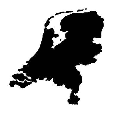 Beyaz arka planda siyah renkli Hollanda haritası silueti.
