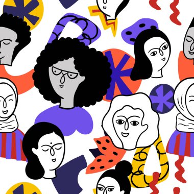 Farklı uluslardan kadınların yüzlerinin kusursuz şekli: Afro-Amerikalı, Asyalı, Avrupalı, Arap. Çeşitli topluluklar. Destek servisi. 