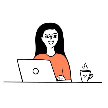 Mutlu kız karakteri bilgisayarda çalışıyor. Ev işi, ofis işi, eğitim, serbest meslek anlayışı. Vektör karalama çizimi. 