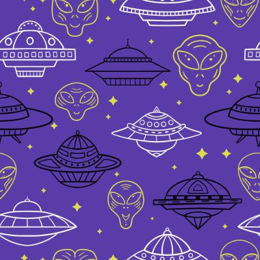 UFO ve uzaylılarla desensiz karalama. Web siteleri, tekstil ve ambalaj kağıtları için kullanılabilir.