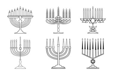 Her biri dokuz mum taşıyan altı şamdan seti İsrail 'in Hanuka festivalini sembolize ediyor. Beyaz arkaplanda izole edilmiş karalama biçiminde vektör çizimleri.