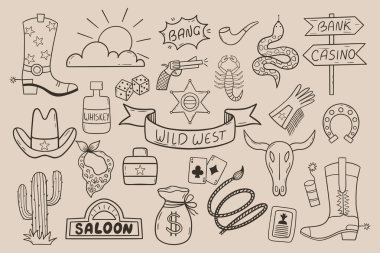 Vahşi Batı çizimleri, kaktüs, kovboy şapkası, inek kafatası, oyun kartları, akrep vs. Batı temalı tasarımlar, posterler, ürünler ve dekorlar için mükemmel..