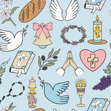 Dini sembolleri olan kusursuz bir ilk komünyon modeli. Ruhani olaylarla ilgili arkaplan, ambalaj veya kumaş tasarımları için mükemmel..