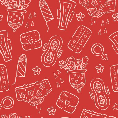 Seamless hand-drawn pattern on red background featuring menstrual care items like pads, tampons, menstrual cups, and womens underwear. clipart