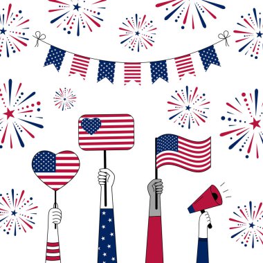 Amerikan Bağımsızlık Günü için festival öğeleri koleksiyonu. Amerikan bayrakları, balonları, çelenkler, yıldızlar ve kalplerin yanı sıra Amerikan bayrakları ve bir megafon taşıyan farklı uluslardan çeşitli eller de yer alıyor..
