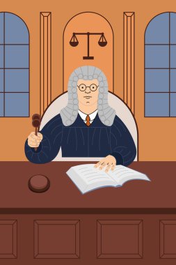 Bir yargıcın mahkeme masasında otururken, bir elin bir hukuk kitabının üzerinde diğerinin de tokmak tutarken görüntüsü..