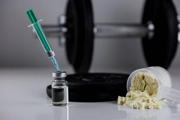 Dumbbell Syringe Needle Pills Vial Steroids Whey Powder Scoop Illegal — Stock Photo, Image