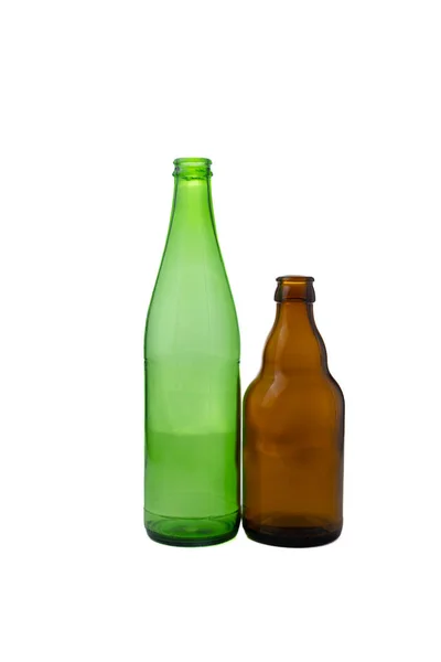 Bottiglie Vetro Verde Marrone Isolate Sfondo Bianco — Foto Stock