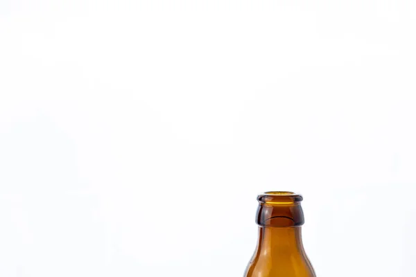 Garrafa Cerveja Vidro Marrom Isolado Fundo Branco Parte Superior — Fotografia de Stock