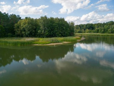 Göl ve yeşil ağaçlı hava aracı manzarası