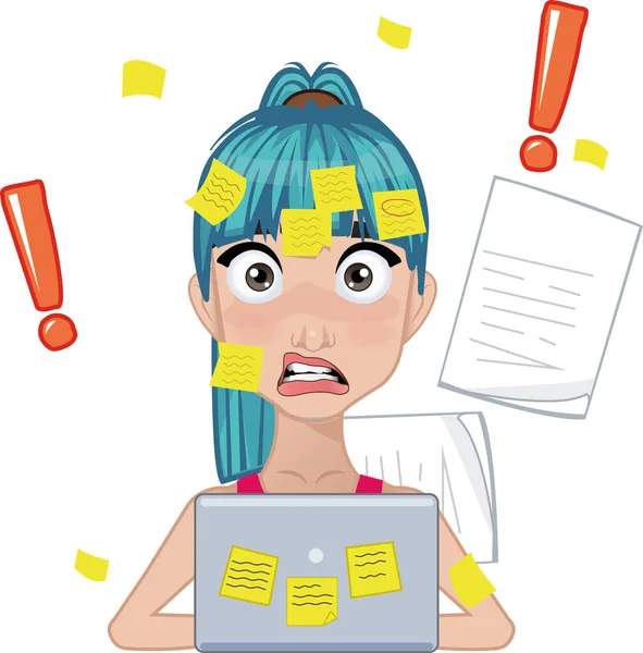 stock vector Stressed blue hair girl on laptop