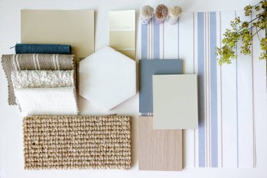 Dusty blue furniture board, sample board and mood board as an interior design and home styling concept clipart