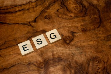 ESG written with block letters spelling out Environmental Social and Governance green investing concept