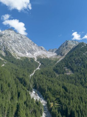 Mavi gökyüzünün altında dere ve çam ağaçları olan dağlık tepeler. İtalyan Güney Tyrol 'daki Dolomite dağlarından oluşan Rieserferner grubundan Hochgall