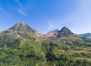 Kuzey İtalya 'da, Avrupa' da, dolomitlerde yüksek rakımlı dağ zirveleri yeşil çam ormanı manzarası