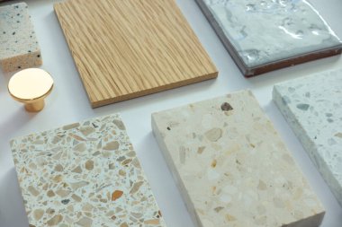 Modern İskandinav İç Tasarım Malzeme Örnekleme Kurulu Terrazzo, Wood ve Seramik Döşemeler Ruh hali ve Ev Dekorasyonu ve Yenileme Konsepti