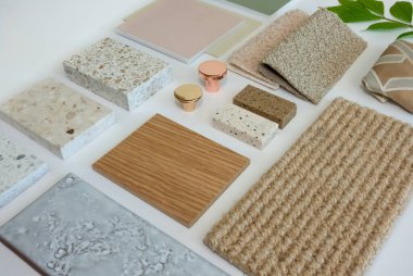 Modern İskandinav Tarzı Ev Dekorasyonu için İç Tasarım ve Mimari Örnek Kurulu Terrazzo Tiles, Ahşap Örnekleri ve Tekstil Örnekleri