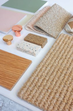 Modern İskandinav Tarzı Ev Dekorasyonu için İç Tasarım ve Mimari Örnek Kurulu Terrazzo Tiles, Ahşap Örnekleri ve Tekstil Örnekleri