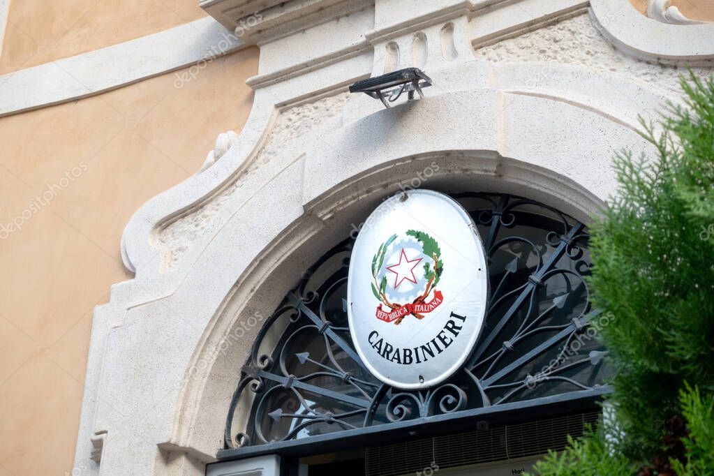 Rome, Italy - 8 January 2025: Emblem over building entrance to Italian Carabinieri police station by Piazza di Sant Ignazio in Rome