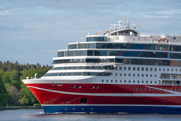 Stockholm, Sweden - 28 May 2025: Viking Line Glory passenger cruise ship by Djurgrden island in Stockholm archipelago in summer