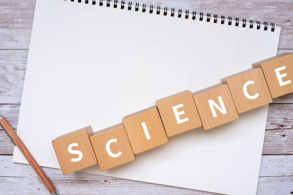 Wooden Blocks Science Text Concept Pen Notebook — Stock Photo, Image