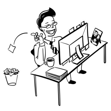 Masasının arkasında görevini tamamlayan mutlu bir ofis çalışanının beyaz kurul çizimi.