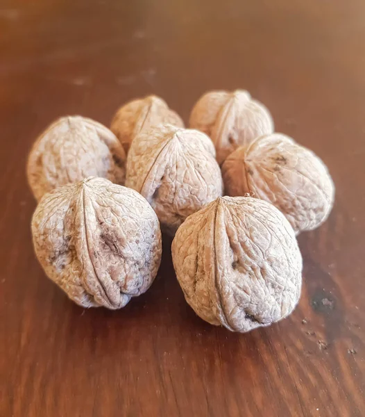 Walnut seeds on a table in view