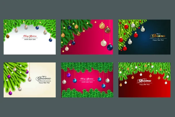 Рождественский Фоновый Набор Цветовым Фоном Зелеными Листьями Декоративными Шарами — стоковый вектор