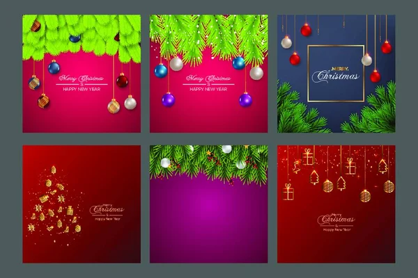 Рождественский Фоновый Набор Цветовым Фоном Зелеными Листьями Декоративными Шарами — стоковый вектор