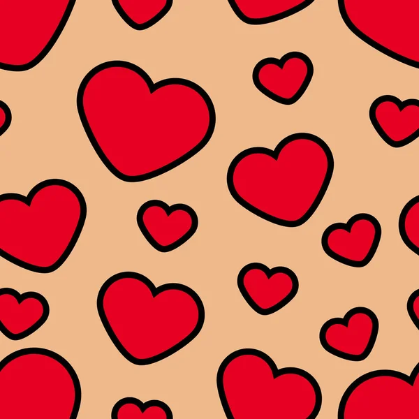Bezproblémový Vzorec Červená Srdce Béžovém Pozadí Roztomilý Kresleném Stylu Plochý — Stockový vektor