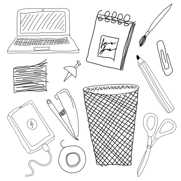 stock vector Office supplies in doodle style. black and white illustration in a simple style. uneven lines.