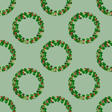 Üzerinde Noel çelengi ve fiyonk olan yeşil kart. Kusursuz desen. Vektör illüstrasyonu.