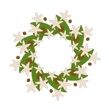 Yuvarlak çerçeve, çiçekler ve mesaj için boşluk. Çiçekler ve portakal yaprakları çelenk şeklinde. Bir yazıt için boş boşluk ile.