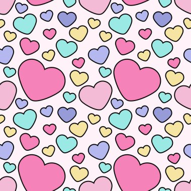 Aşk kalp tasarımının kusursuz vektör arkaplanı. Sevgililer Günü için kusursuz desen. Pembe arka planda renkli kalpleri olan pürüzsüz bir doku.