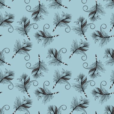 Vektör dekoratif tüy. Boho tarzında siyah ve beyaz tüy çizimi. Kabarık tüy beyazda izole edilmiş..