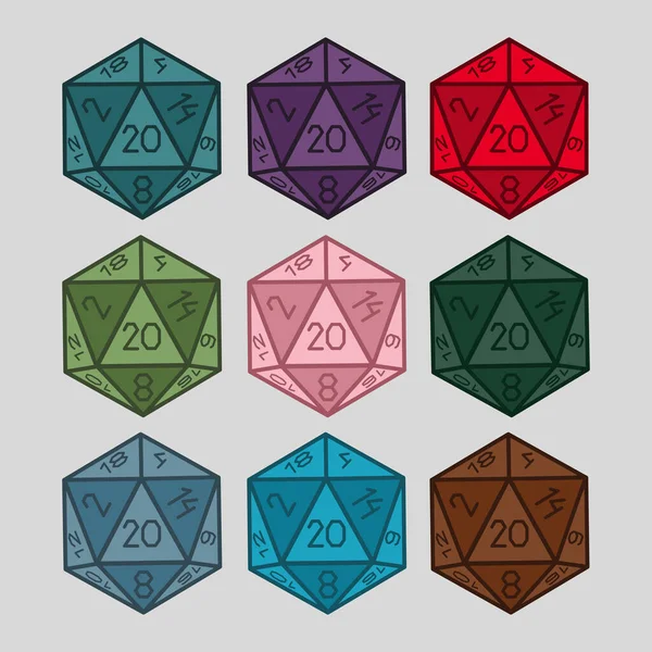 d 20 icosahedron dice vector illustration mtg rpg dice logo icon. Set of different colors. Retro style tattoo natural D20 roll of the dice