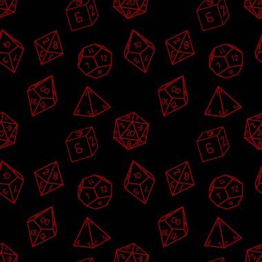 Seamless pattern of D4, 6, 8, 10, 12 and 20 dice for board games. Red dice on a black background.