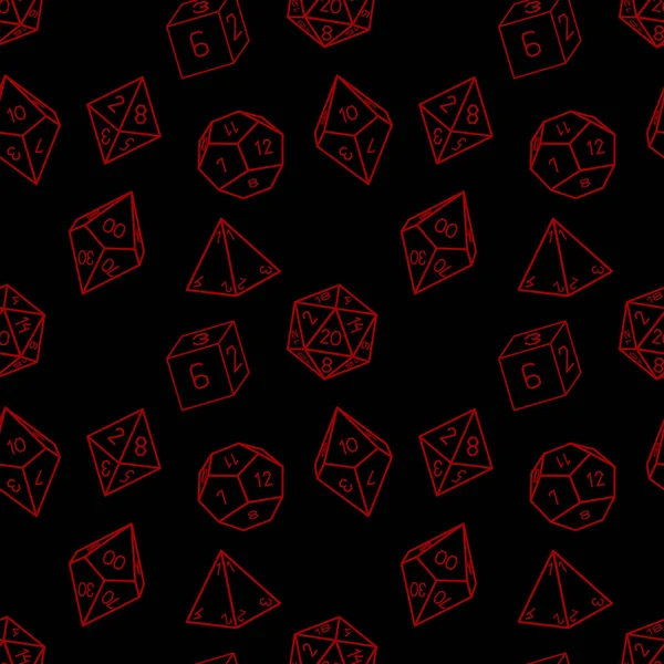 Seamless pattern of D4, 6, 8, 10, 12 and 20 dice for board games. Red dice on a black background.