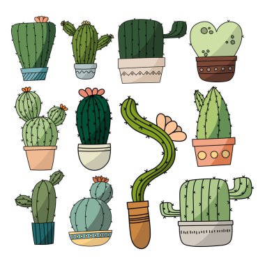 Cactus isolated cartoon icon set. Vector illustration of mexican cacti isolated on white background. Vector cartoon set of cactus icons with flower.