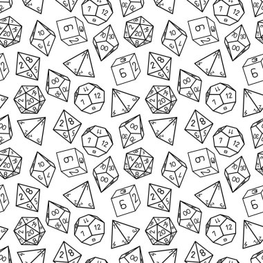 Pattern of D 4, 6, 8, 10, 12 and 20 dice for board games. Seamless. For table mat.