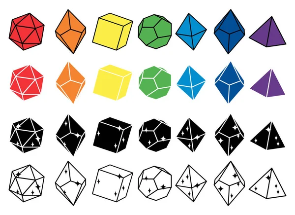 Vector illustration in black and white and multicolored dice for role playing games with four, six, eight, twelve and twenty faces with numbers on them