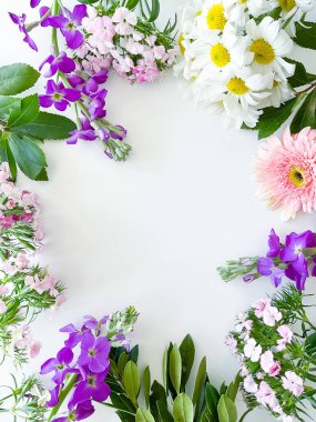 Japon dianthus, gerbera, papatya, matthiola ve defne yaprakları. Metin veya yazı için boş yeri olan çiçek çerçevesi. bahar kartpostalı