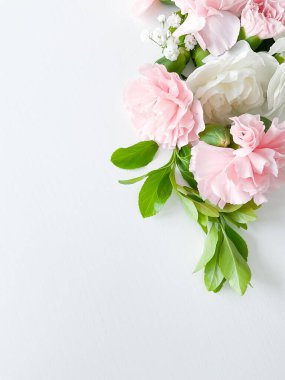 Pembe çiçek. Beyaz arka planda çeşitli pembe çiçekler var. Yazı veya metin için boş boşluk ile