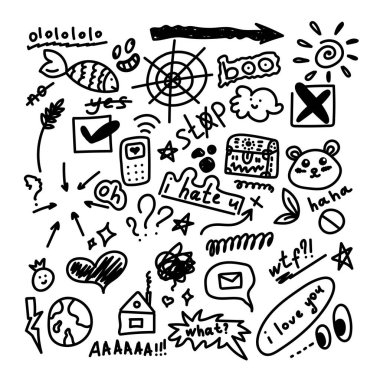 Sosyal hayatta vektör karalamaları. Yazıtları, okları, karakterleri ve çeşitli küçük şeyleri olan simgeler.