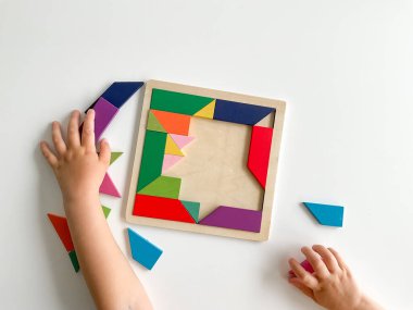 Childs el, beyaz arka planda çok renkli ahşap mozaik koleksiyonu yapıyor. Çocuk renkli bir tangram çözüyor. Beyaz arkaplanda renkli geometrik şekillerin karesi.