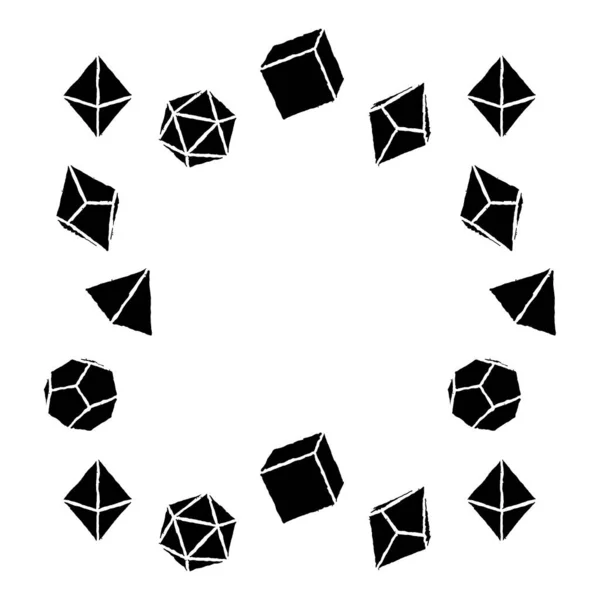 Black square shaped dice frame, hand drawn vector illustration. Blank template element for postcard or photo frame design. Dice for the game dnd. Abstract illustration. d20, 6, 4, 12, 8. Board game