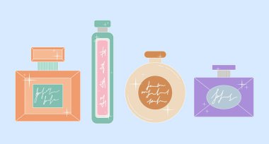 Parfüm şişeleri hazır. Düz moda vektör illüstrasyonu. Pastel renkler. Mavi bir arkaplanda izole edilmiş.