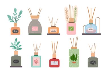 Oda spreyli difüzör şişeleri. Vektör çizimi. düz biçim