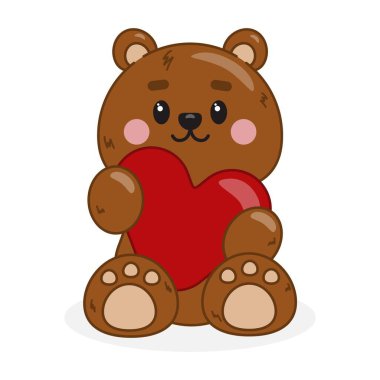 Elinde kalbi olan sevimli çizgi film ayısı. Ayı çizgi filmi. Düz bir şekilde. Kahverengi ayı oturur ve gülümser.