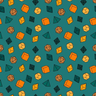 Pattern of D 4, 6, 8, 10, 12 and 20 dice for board games. Seamless. For table mat. Dice for playing dnd.